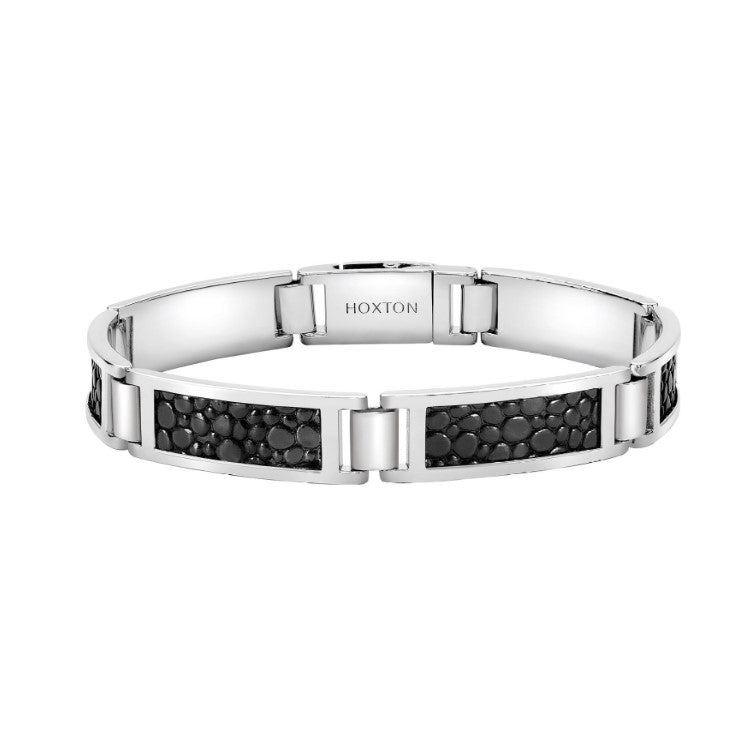 Hoxton London Men's 925 Sterling Silver Black Stingray Leather Bracelet