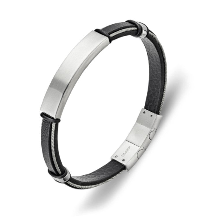 Blaze stainless steel 8mm black leather and wire bracelet with steel engraving plate