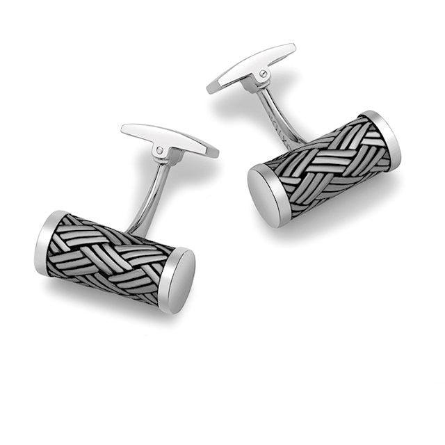 Hoxton London Silver Sterling Silver Cylindrical Cufflinks with Oxidized Basket Weave Finish