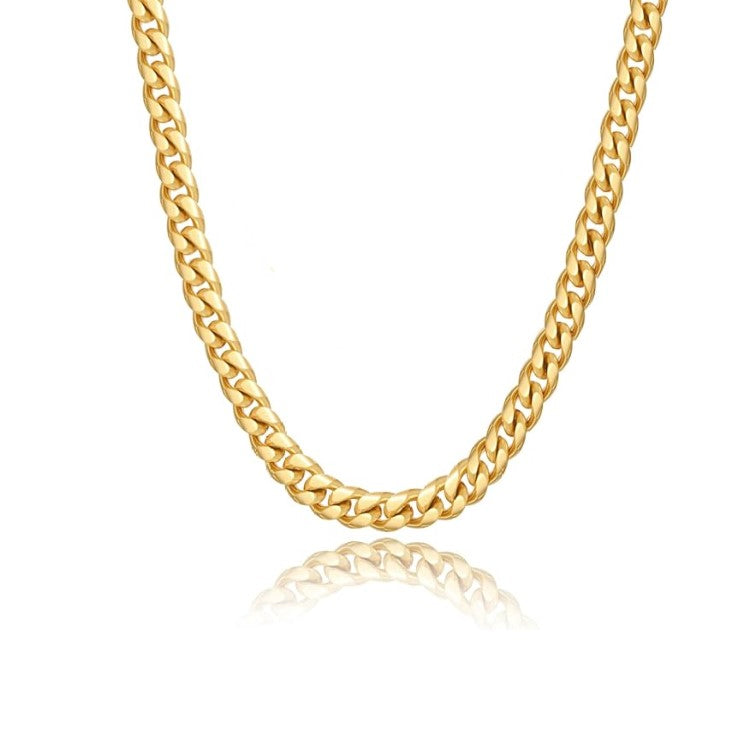 Stainless Gold Plated 8mm Cuban Curb Satin and Polish  Link Chain Necklace