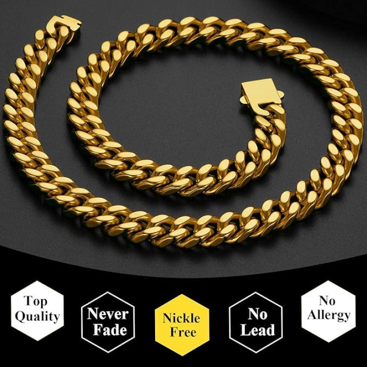 Stainless Steel Gold Plated 12MM Cuban Curb Link Chain Necklace