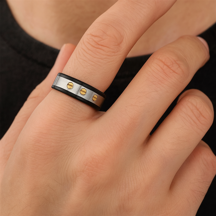 Sleek Carbon Fiber &amp; Stainless Steel Ring with Gold Accents