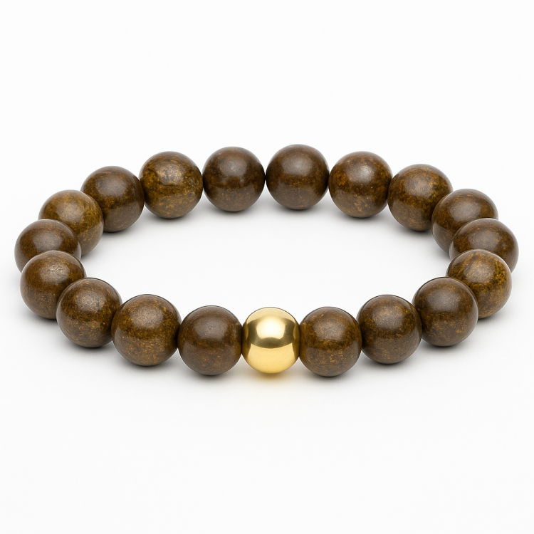 Natural bronzite stone beads bracelet with a golden accent bead.