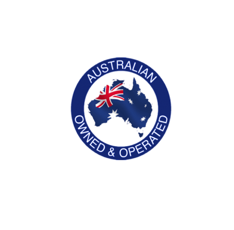 Australian owned and operated seal with map and flag.