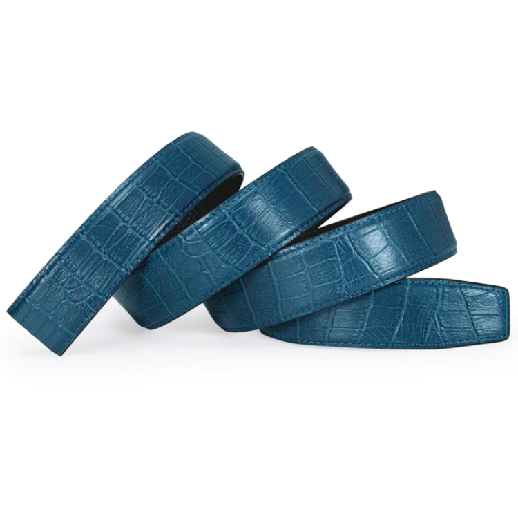 Mens Blue Crocodile Patern Cowhide Leather Belt with Automatic  Clasp