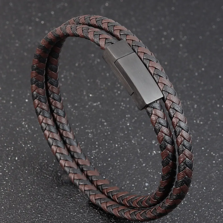 Men’s Leather Bracelet with Black/Brown Woven Pattern