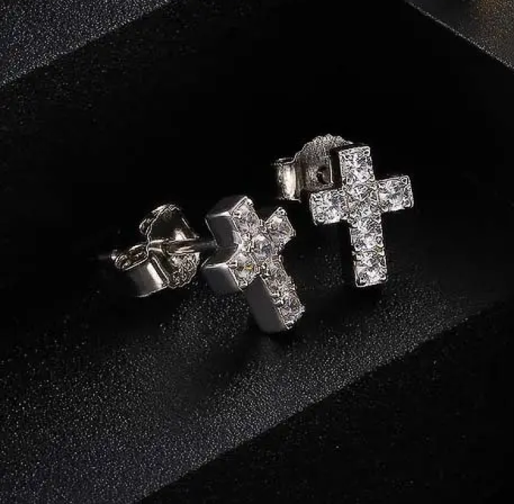 White Gold Plated 925 Sterling Silver 5A Cubic Zirconia CZ Cross Stud Earrings