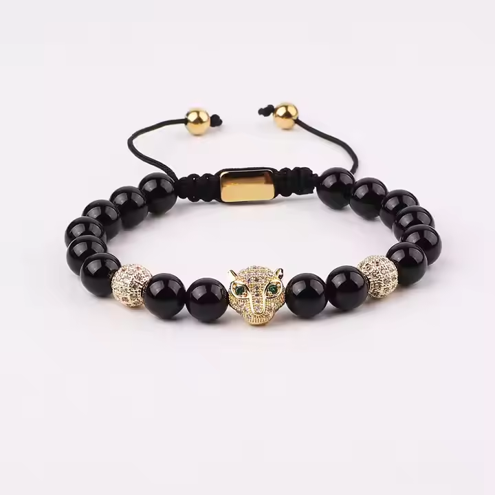 Natural Stone CZ Pave Leopard Macrame Bracelet