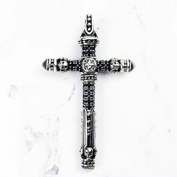 Silver Skull and Cross with Black C.Z and Engraving Double Sided Pendant