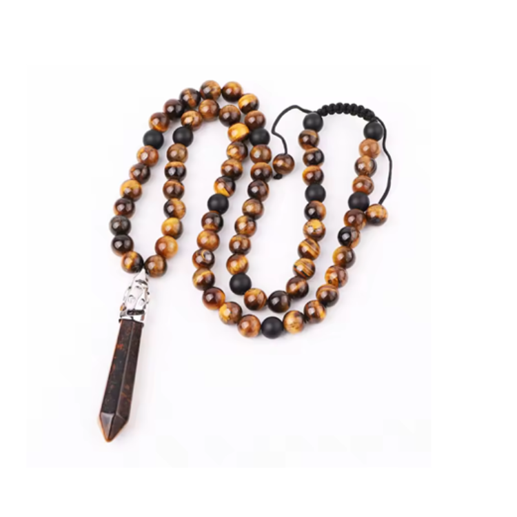 Tigers Eye Black Onyx Beaded Men and Healing Point Necklace