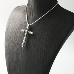 Silver Skull and Cross with Black C.Z and Engraving Double Sided Pendant