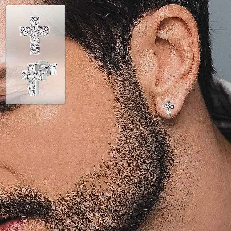 White Gold Plated 925 Sterling Silver 5A Cubic Zirconia CZ Cross Stud Earrings