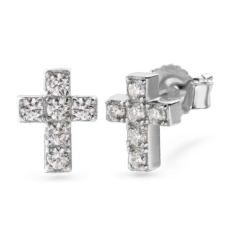 White Gold Plated 925 Sterling Silver 5A Cubic Zirconia CZ Cross Stud Earrings