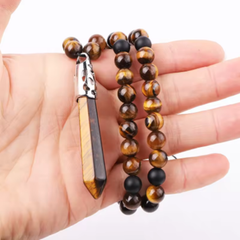 Tigers Eye Black Onyx Beaded Men and Healing Point Necklace