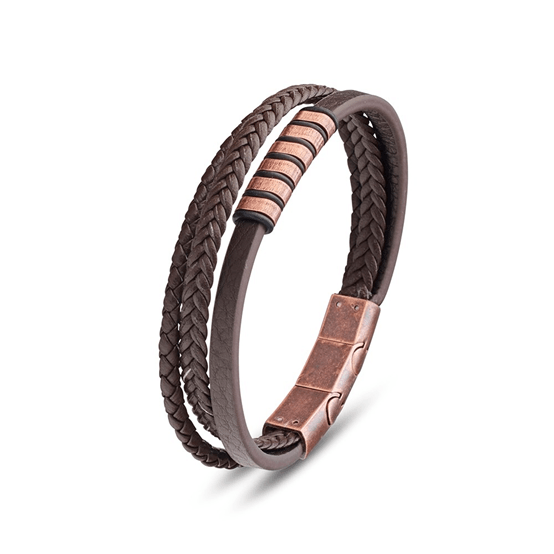 Theodore  Stainless steel men's leather bangle with patina rose beads - Theodore Designs