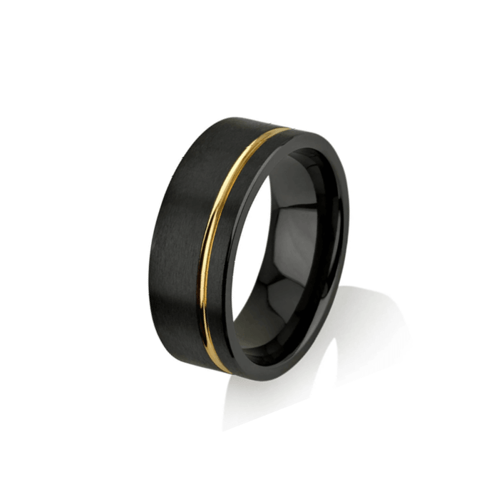 Theodore Black Zirconium Satin Finish Ring with Yellow Gold Polish Stripe