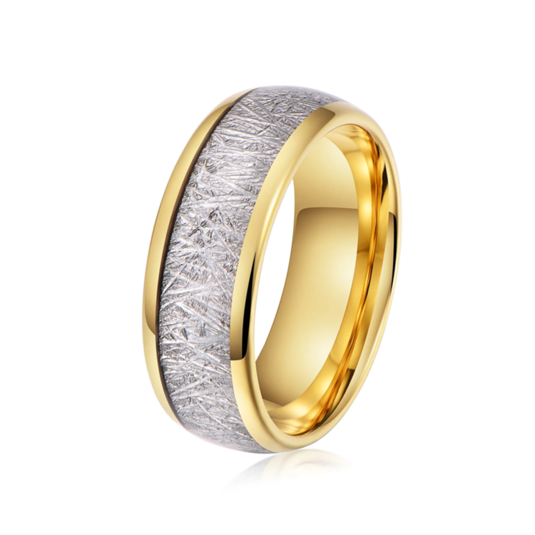 Elegant Tungsten Carbide Ring with Silver Leaf Meteorite Inlay