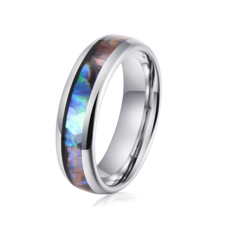 Sophisticated Tungsten Carbide Ring with Gold Leaf Meteorite Inlay