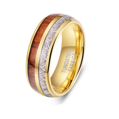 Timeless Tungsten Carbide Ring with Meteorite and Oak Wood Inlay