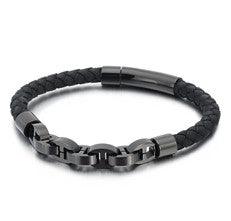 Stainless Steel Titanium Braided Genuine Leather Bracelet