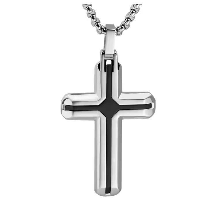 Stainless Steel Small Cross Pendant with Black Inlay