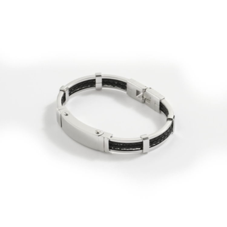 Polished Stainless Steel Bracelet with Double Strand Braided Black Leather