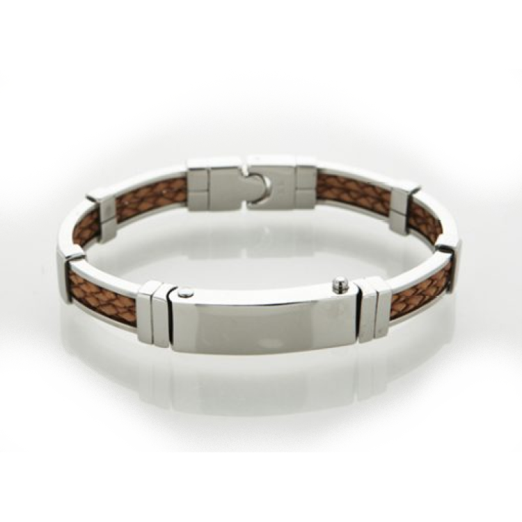 Polished Stainless Steel Bracelet with Double Strand Braided Tan Leather