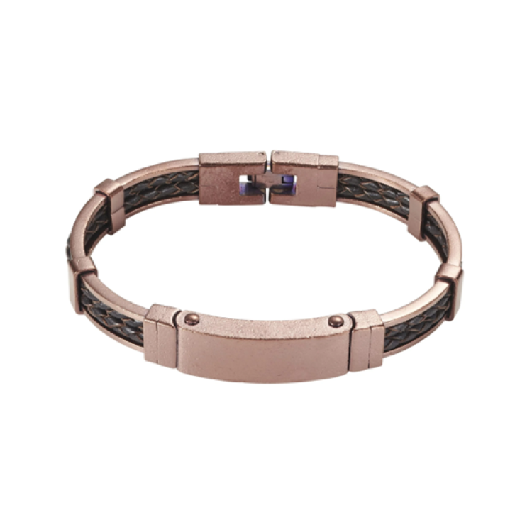  Stainless Steel Bracelet with Double Strand Braided Brown Leather