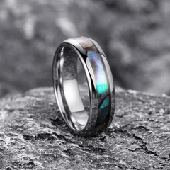 Sophisticated Tungsten Carbide Ring with Gold Leaf Meteorite Inlay