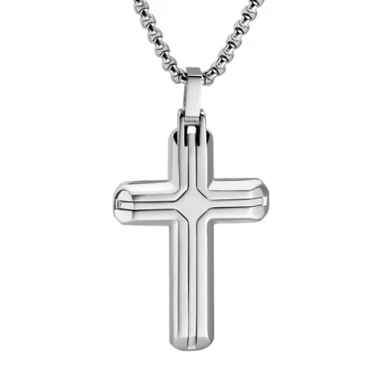 Stainless Steel Small Cross Pendant with Satin Inlay