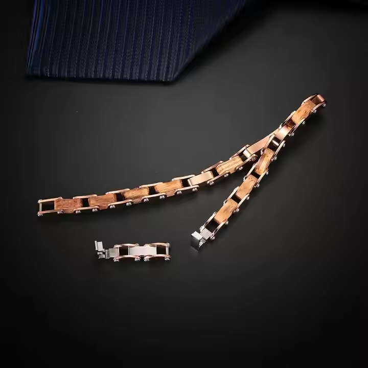 Stainless Steel Luxury Handmade Wood and  Gold Plated Zircon  Link Bracelet