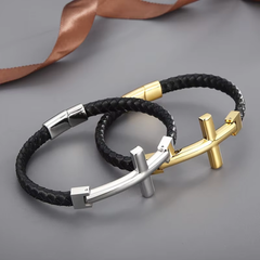 Flat Braided Leather and Large Cross Bracelet