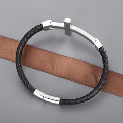 Flat Braided Leather and Large Cross Bracelet