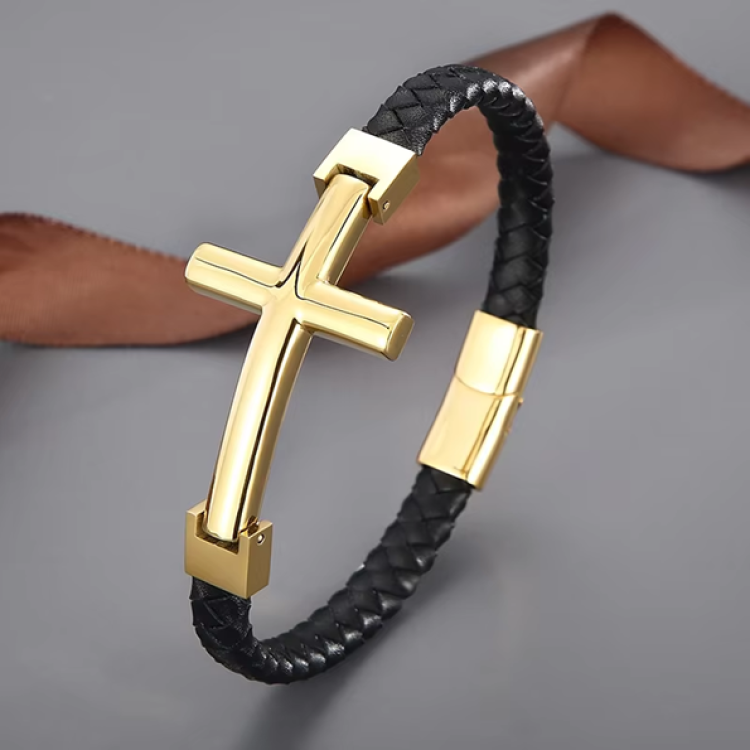 Flat Braided Leather and Large Cross Bracelet