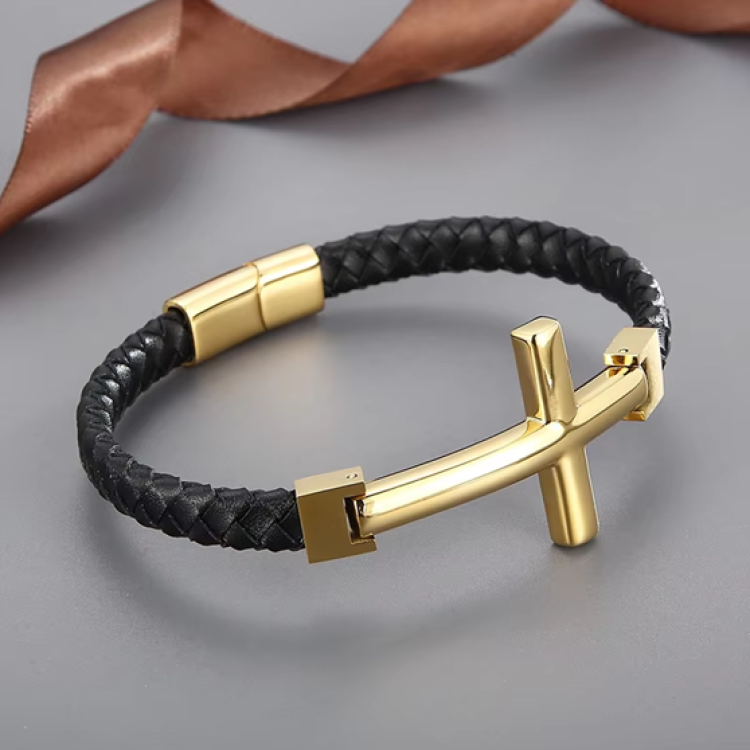 Flat Braided Leather and Large Cross Bracelet