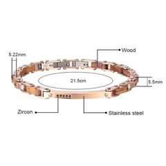 Stainless Steel Luxury Handmade Wood and  Gold Plated Zircon  Link Bracelet