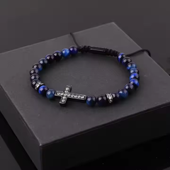 Natural 6mm Stone Beaded CZ Cross Charm Macrame Bracelet