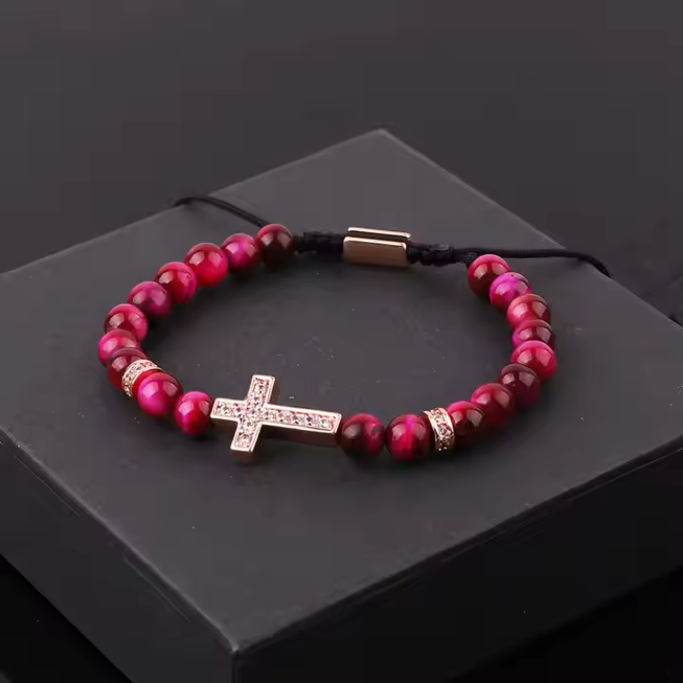 Natural 6mm Stone Beaded CZ Cross Charm Macrame Bracelet