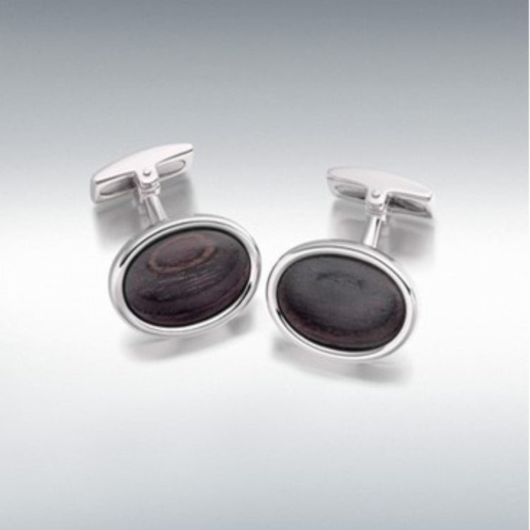 Hoxton London Men's Sterling Silver Ebony Wood Oval Cufflinks