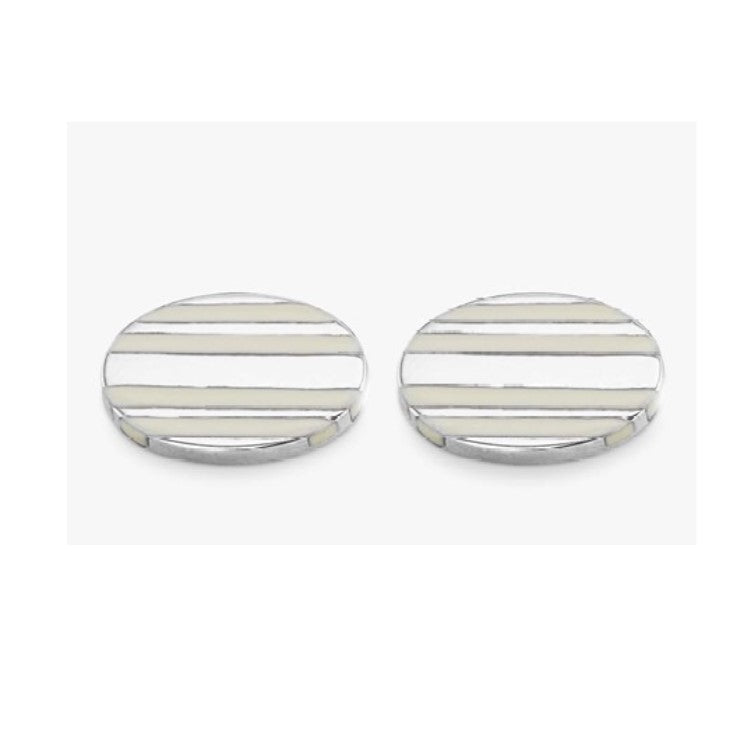 Hoxton London Men's Sterling Silver  White Agate  Stripe Oval Cufflinks