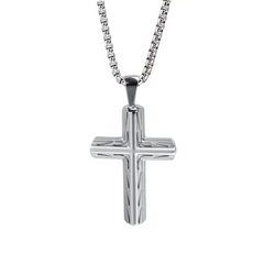 Stainless Steel Cross Pendant with Sculpted Side Design