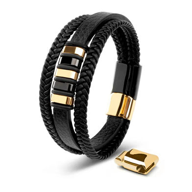 Stainless steel men’s black leather and gold multi wrap bracelet