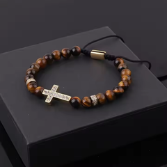 Natural 6mm Stone Beaded CZ Cross Charm Macrame Bracelet