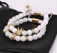 His and Hers CZ Mirco Pave Crown Charm Crack Crystal Stone Beaded Bracelets