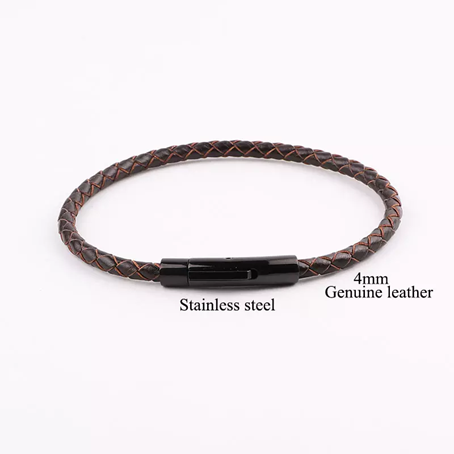 Stainless Steel Genuine 4mm Leather Bracelet