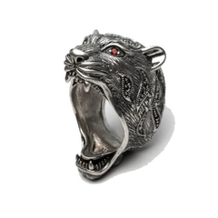 Tiger Designer Ring with Garnet Eyes