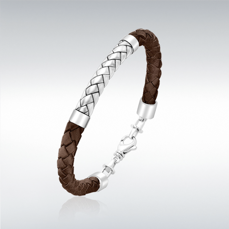 Hoxton Mens Sterling Silver Brown Leather Bracelet