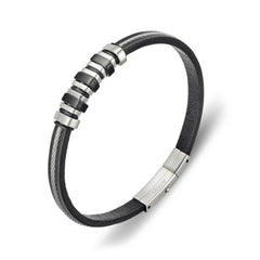 Blaze stainless steel 6mm wire and leather bracelet with steel bead detail