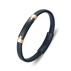 Black Leather Bangle with stainless steel ID plate