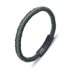 Blaze Stainless Steel Men’s Rustic Green Cord and Black Leather Bangle